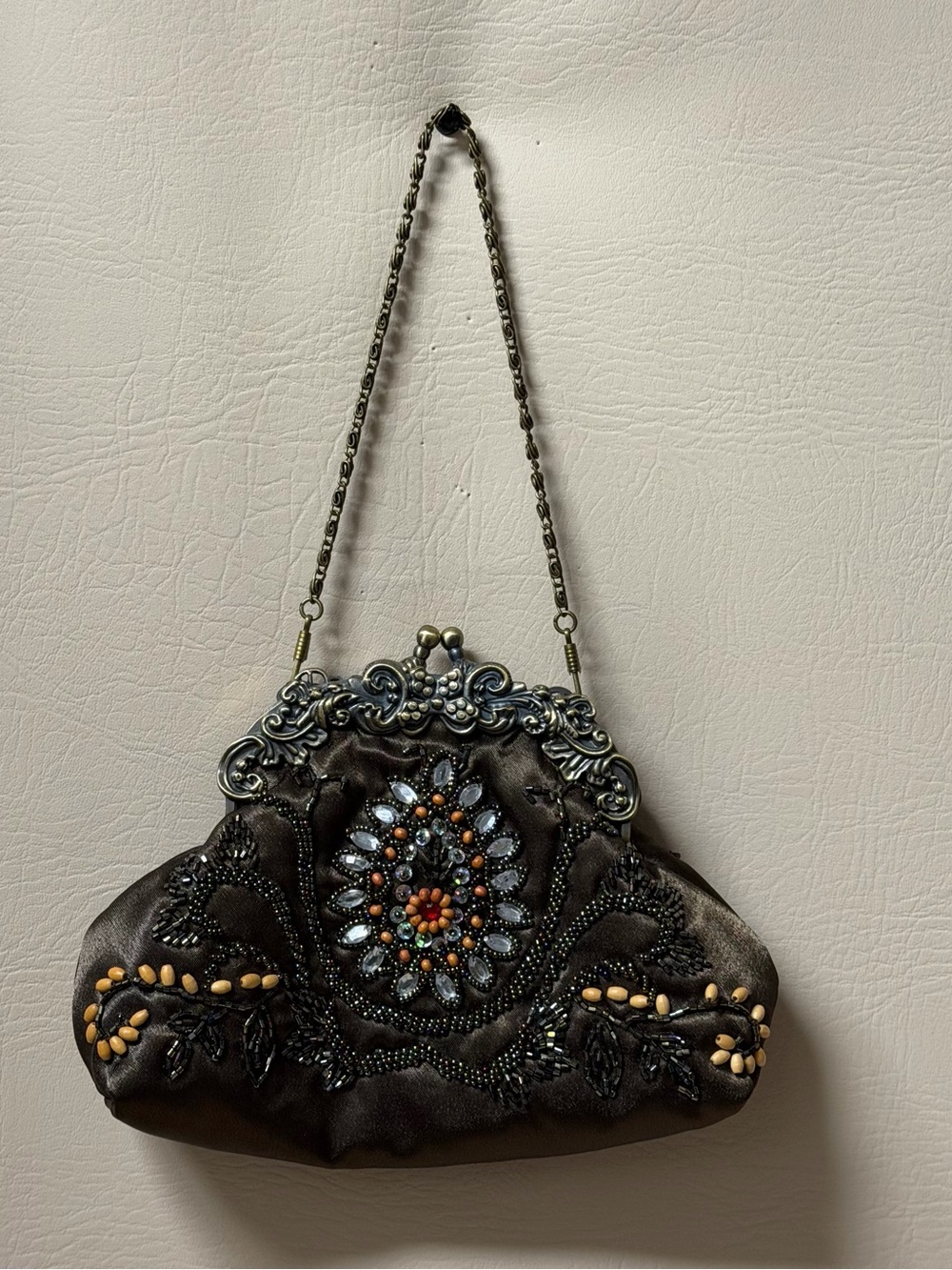 Giftcraft  Beaded Evening Bag Bronze Tone Floral Embellished Clutch Purse
